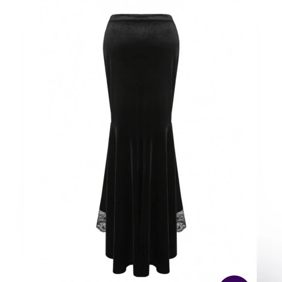 Dark In Love Black Velvet Gothic Mermaid Maxi Skirt with Lace Appliqué - Picture 2 of 9